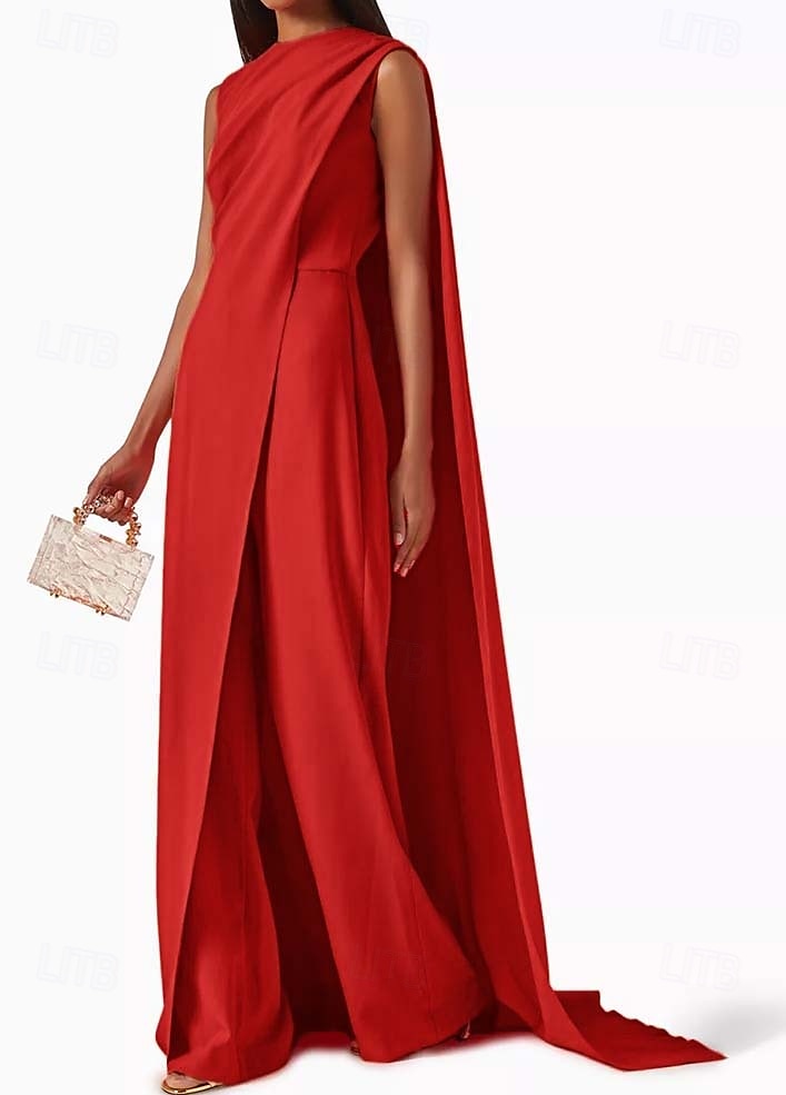 Combinaisons robe de soirée élégante invité de mariage train traînant sans manches col rond crêpe extensible avec drapés 2025 de 2025 ? $178.99 –P6