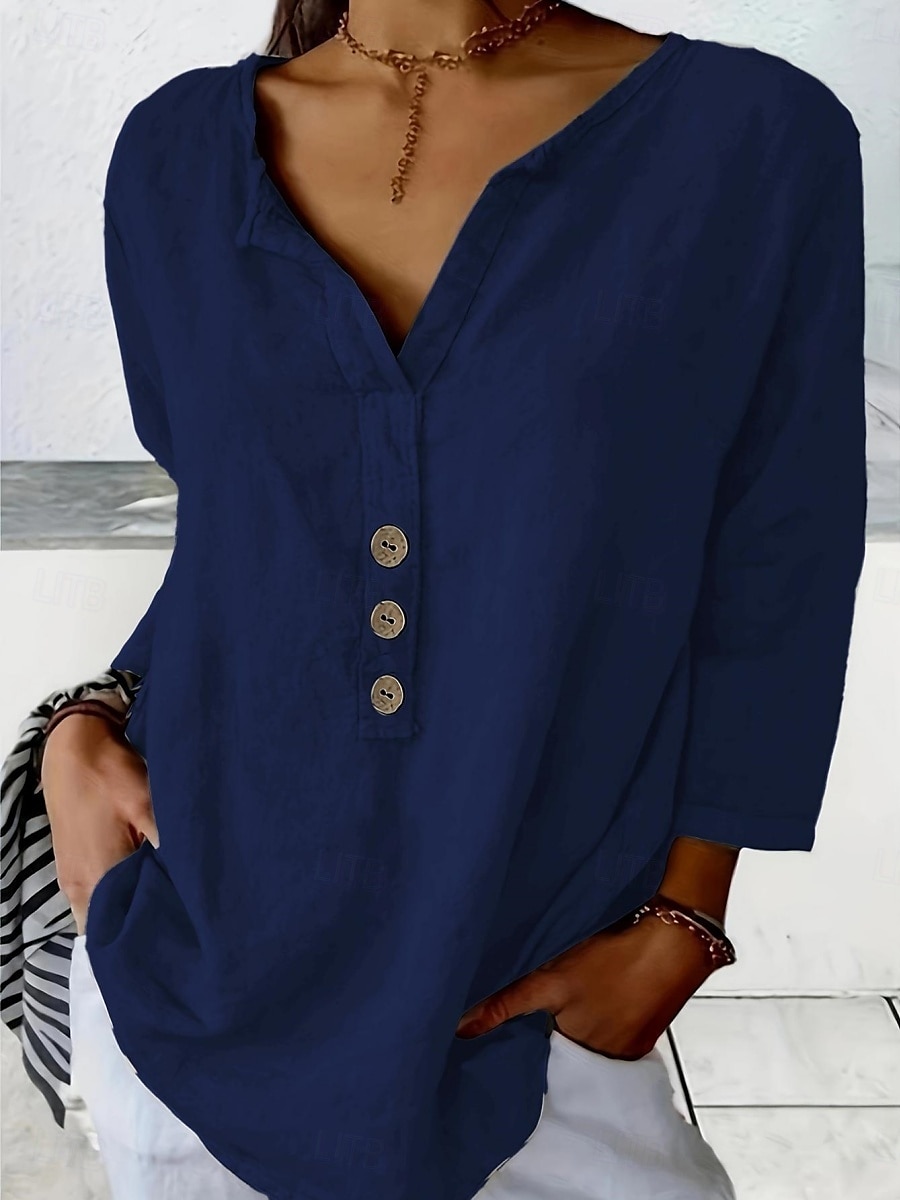 Femme Chemise Chemisier Couleur unie mode Décontractées Manches 3/4 Col Ras du Cou Hauts réguliers du quotidien Boutons Noir Blanche Rose Claire bleu marine Orange Eté Printemps de 2025 ? $29.99 –P12
