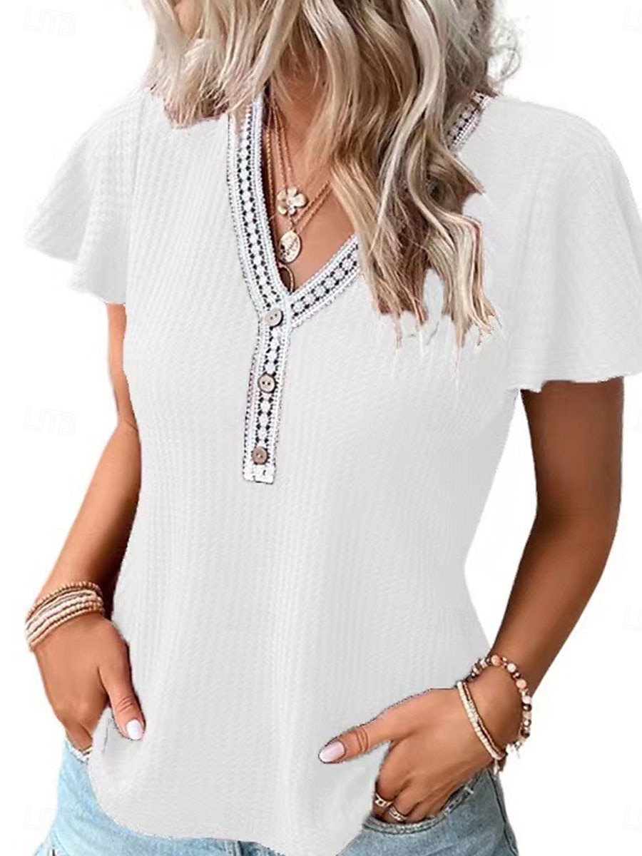 Femme T shirt Plein Mode Moderne Décontractées Manche Courte Col V Hauts réguliers du quotidien Fin de semaine Patchwork Noir Blanche Rose Claire Eté Printemps de 2025 ? $23.99 –P4