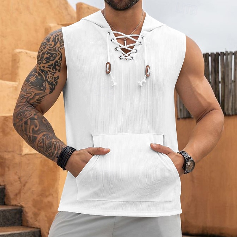 Homens Malha Íntima Moletom sem mangas camisa sem manga Sem Manga Com Capuz Verão Pit Strip Moda Designer Músculo Cordões Bolsos Ao ar livre Ginásio Preto Branco cáqui Top Tee para Homens de 2025 por $17.99 –P3