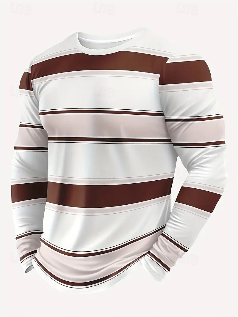 Herren T-Shirt Langarmshirt Langarm Rundhalsausschnitt Frühling & Herbst Streifen Mode Designer Farbblock Urlaub Straße Ausgehen Braun Top T-Shirt für Herren 2025 - $16.49 –P1
