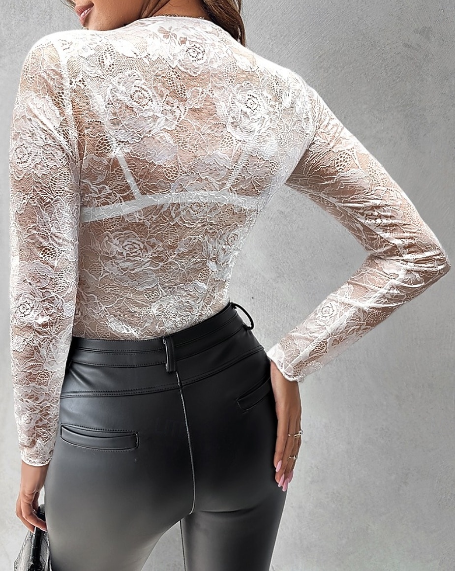 Chemisier Femme Noir transparent 6 noir Noir Broderie Fleur / Plantes Dentelle Troué du quotidien Elégant Dentelle Col Rond S de 2025 ? $15.49 –P2