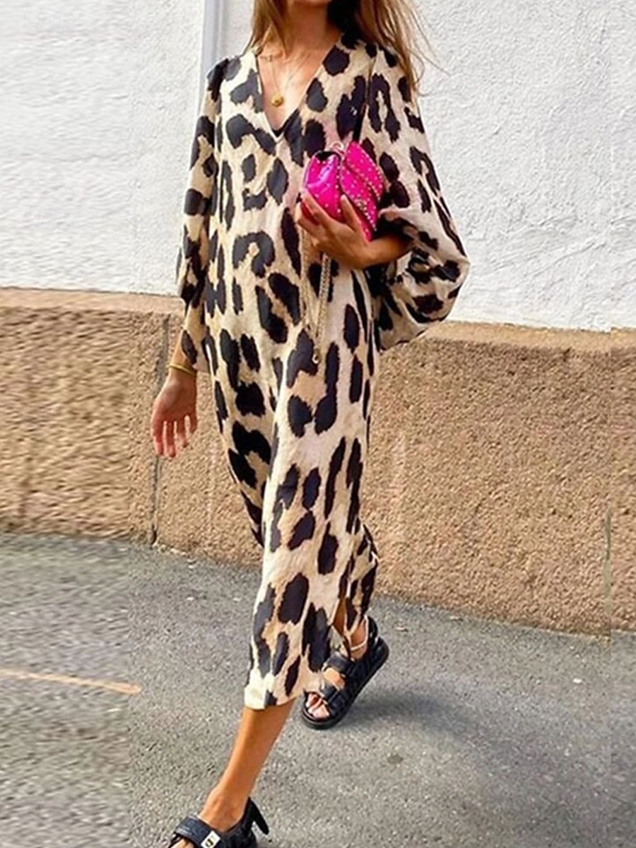 Women's Midi Dress Shift Dress Summer Dress Puff Sleeve Dress Casual Vacation Daily Regular Fit Leopard Short Sleeve V Neck Leopard Summer 2025 - $27.99 –P2