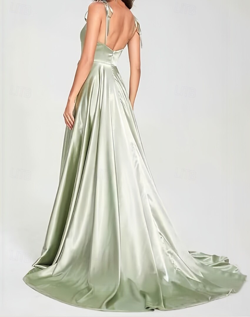 vestido de dama de honra linha A, alças finas, sem mangas, elegante, cauda curta, charmeuse, com frente aberta / franzido 2025 de 2025 por $154.99 –P2