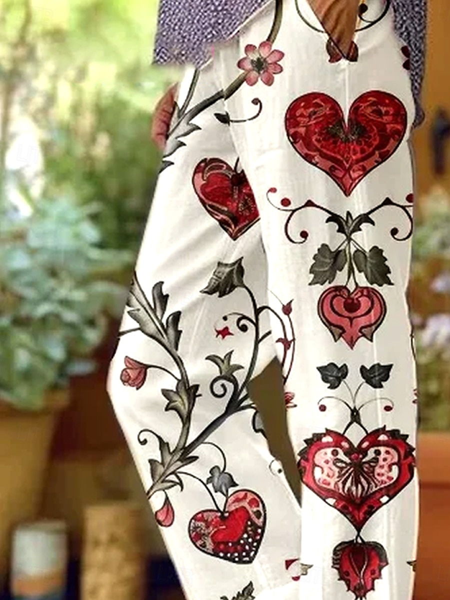 Kvinnors Bomull Linne Byxor Baggy Byxor Linne Likt Elegant Vintage Mode Full längd Hög Midja Blommönster Tryckning Andningsbar Mjuk Mikro-elastisk Utomhus Vardags Linne Likt risvit Regular Fit 2025 - $32.99 –P2