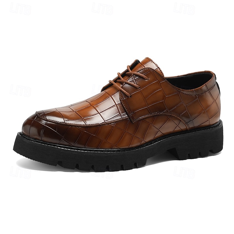 sapatos derby marrom masculino - couro sintético com relevo de textura de crocodilo, calçados estilosos e versáteis para homens, ideais para uso casual, no escritório e no dia a dia de 2025 por $46.99 –P3