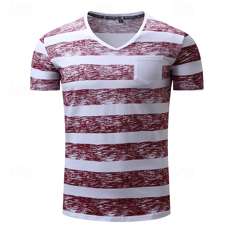 Men's T Shirt Tee Short Sleeve Shirt Tee Top Short Sleeve V Neck Summer Striped Fashion Designer Basic Pocket Vacation Street Going out Red Top Tee for Men 2025 - $17.99 –P1