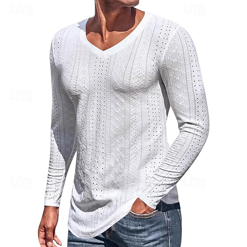 Herren T Shirt T-Shirt Langarmshirt Langarm V Ausschnitt Frühling Herbst Einfach Mode Designer Basic Jacquard Urlaub Straße Ausgehen Schwarz Weiß Blau Top T-Shirt für Herren 2025 - $19.99 –P1