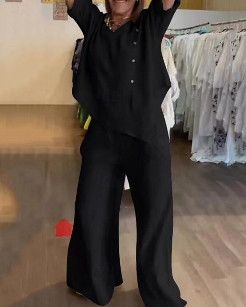 Per donna Moda Streetwear Camicia Set di biancheria in cotone Set da due pezzi Pantaloni di Lino Pantaloni Manica Lunga Scollo a V Tinta unica Ferie Abbigliamento quotidiano Nero Bianco Blu marino del 2025 a $41.99 –P7