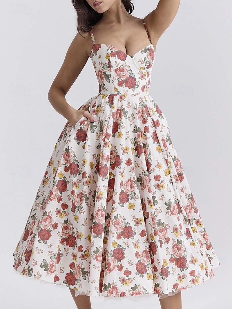 Retro Vintage 1950s Midi Dress Flare Dress Spaghetti Strap Corset Floral A-Line Women's Masquerade Wedding Vacation Tea Party Adults' Dress 2025 - GBP £21 –P3