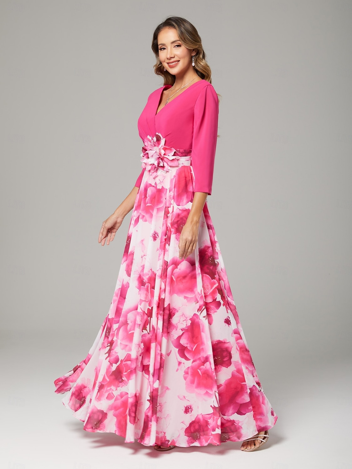 Robe Mère de la Mariée A-Line Robe Élégante Col V Longueur Du Sol En Chiffon Manche 3/4 avec Fleur Robe Derby Robe de Course Invité de Mariage 2025 de 2025 ? $198.99 –P4