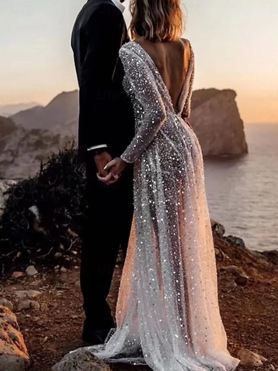 Hochzeitskleider Ballkleid V-Ausschnitt Langarm Kapelle Zug Satin Brautkleider mit Falten gerafft 2025 - $229.99 –P3