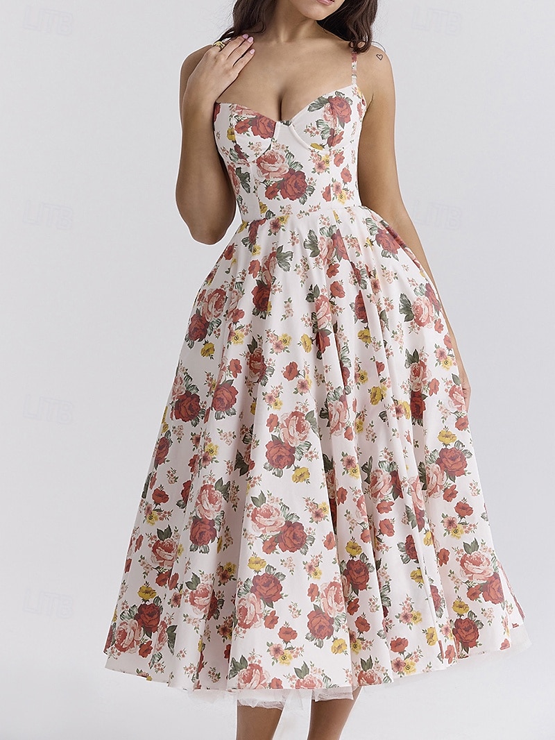 Retro Vintage 1950s Midi Dress Flare Dress Spaghetti Strap Corset Floral A-Line Women's Masquerade Wedding Vacation Tea Party Adults' Dress 2025 - GBP £21 –P4