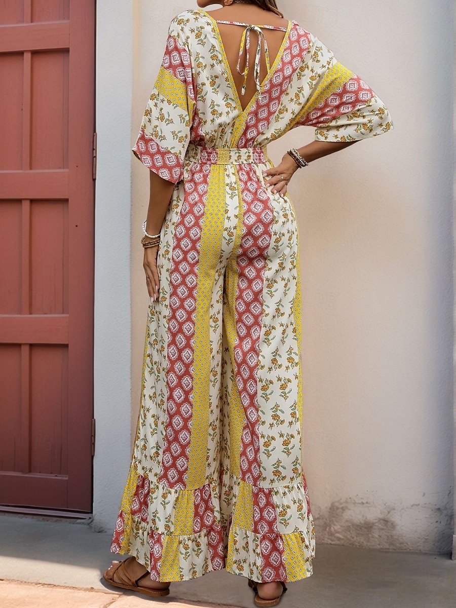 Damen Normal Jumpsuit Urlaub Blumen 3/4 Ärmel V Ausschnitt Hohe Taillenlinie Urlaub Täglich Regular Fit Gelb Sommer 2025 - $49.99 –P2