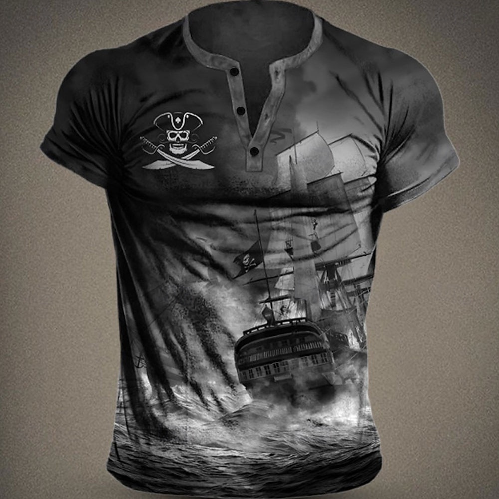 Bărbați Grafic Navă Pirat Cămașă Henley Manșon scurt Tipărire 3D Modă Designer Comfortabil În aer liber Zilnic Vară Albastru Maro Trifoi Gri Henley Tricou Henley 2025 - $21.99 –P2