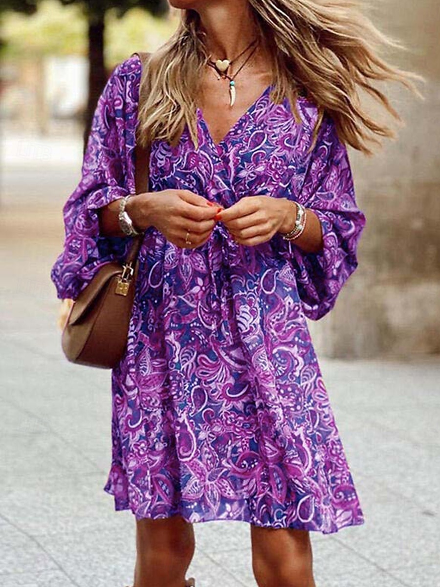 Kvinnors Midi Klänning Korsett Klänning Skift Klänning Sommarklänning Puffärmad Klänning Semester Semester Daglig Regular Fit Grafisk 3/4 Längd Ärmar V-hals Röd Blå Lila Brun Sommar 2025 - $24.99 –P3