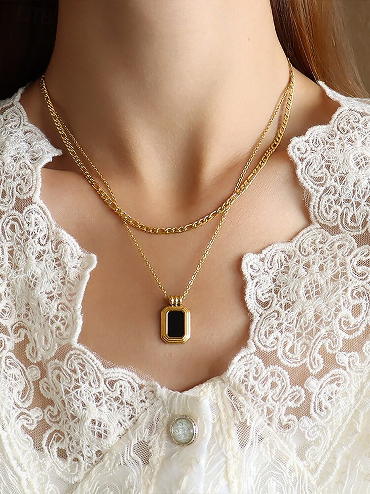 Collier à double chaîne multicouche pour femme avec pendentif rectangulaire noir - peut être porté séparément, bijoux élégants pour femmes, adaptés aux occasions formelles et décontractées de 2026 ? $11.99 –P1