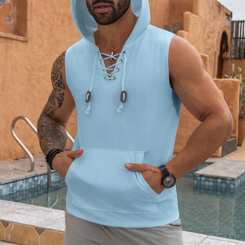Homens Malha Íntima Moletom sem mangas camisa sem manga Sem Manga Com Capuz Verão Pit Strip Moda Designer Músculo Cordões Bolsos Ao ar livre Ginásio Preto Branco cáqui Top Tee para Homens de 2025 por $17.99 –P12