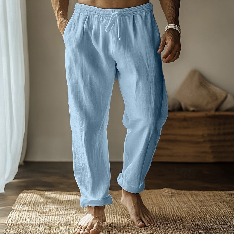Pánské Plátěné kalhoty Kalhoty Letní kalhoty Gázové kalhoty Šňůrky Elastický pas Straight-Leg Bez vzoru Pohodlné Prodyšné Plná délka Domů Ležérní Denní Módní Klasický styl Černá Bílá 2025 - $22.99 –P9
