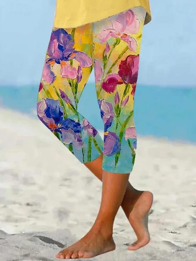 Women's Leggings Capri Pants High Elasticity Vacation Fashion Hawaiian Ankle-Length Mid Waist Floral Printing Thermal Warm Breathable Soft Vacation Casual Daily Light Yellow Summer Spring 2025 - $18.99 –P1