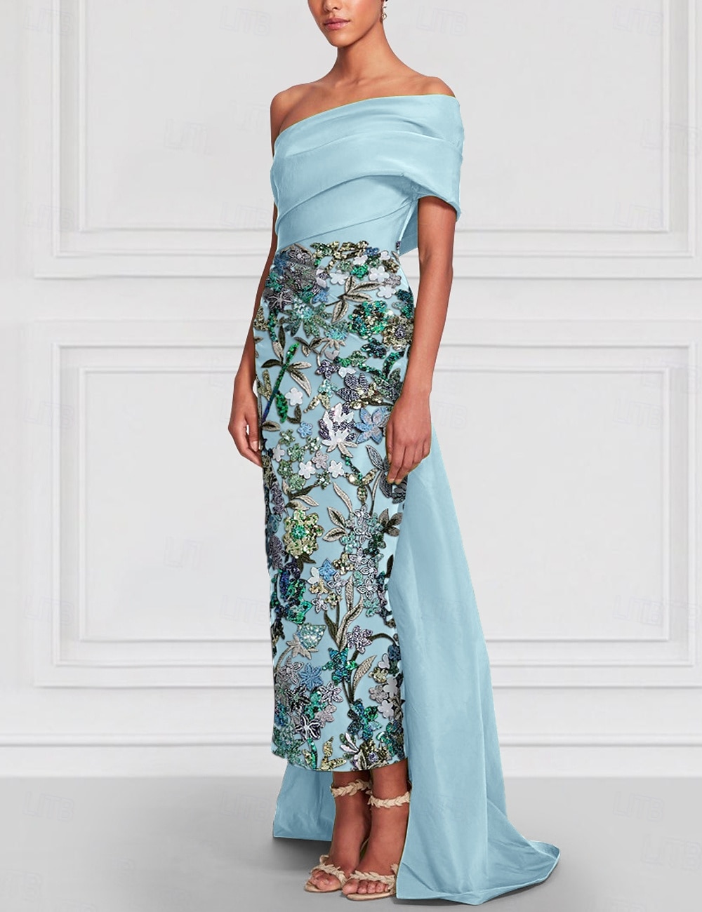 Tubino / Colonna Abito da Sera Elegante Vestito Formale Matrimonio Lunghezza al pavimento Manica Corta Senza Spalle Raso con Spacco Ricamo 2025 del 2025 a $154.99 –P3