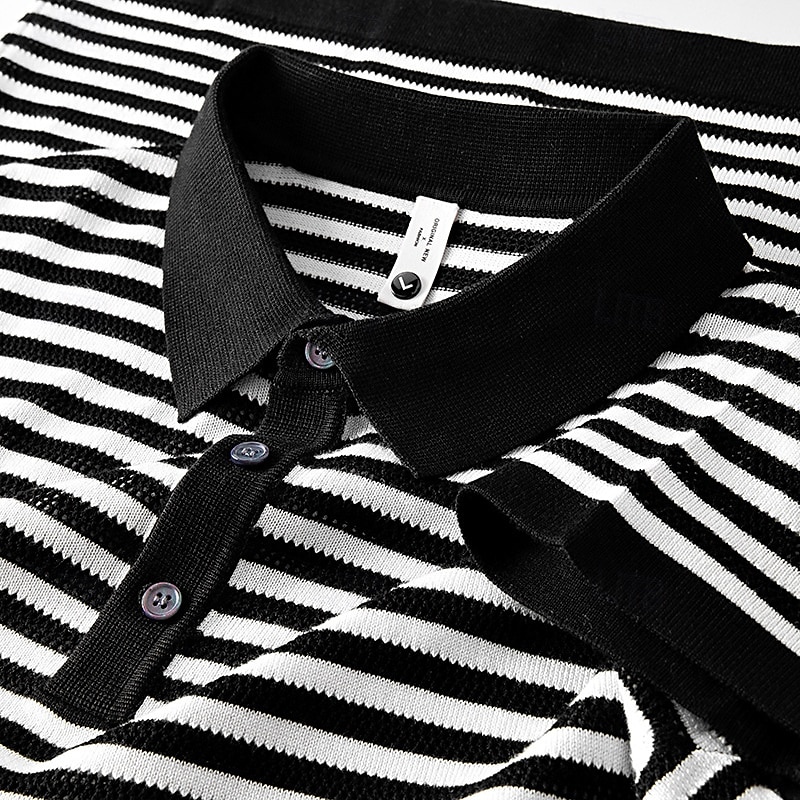 Men's Polo Knit Polo Sweater Business Casual Lapel Short Sleeve Formal Stripes Buttons Summer Black Light Green Dark Green Brown Polo 2025 - $30.99 –P10