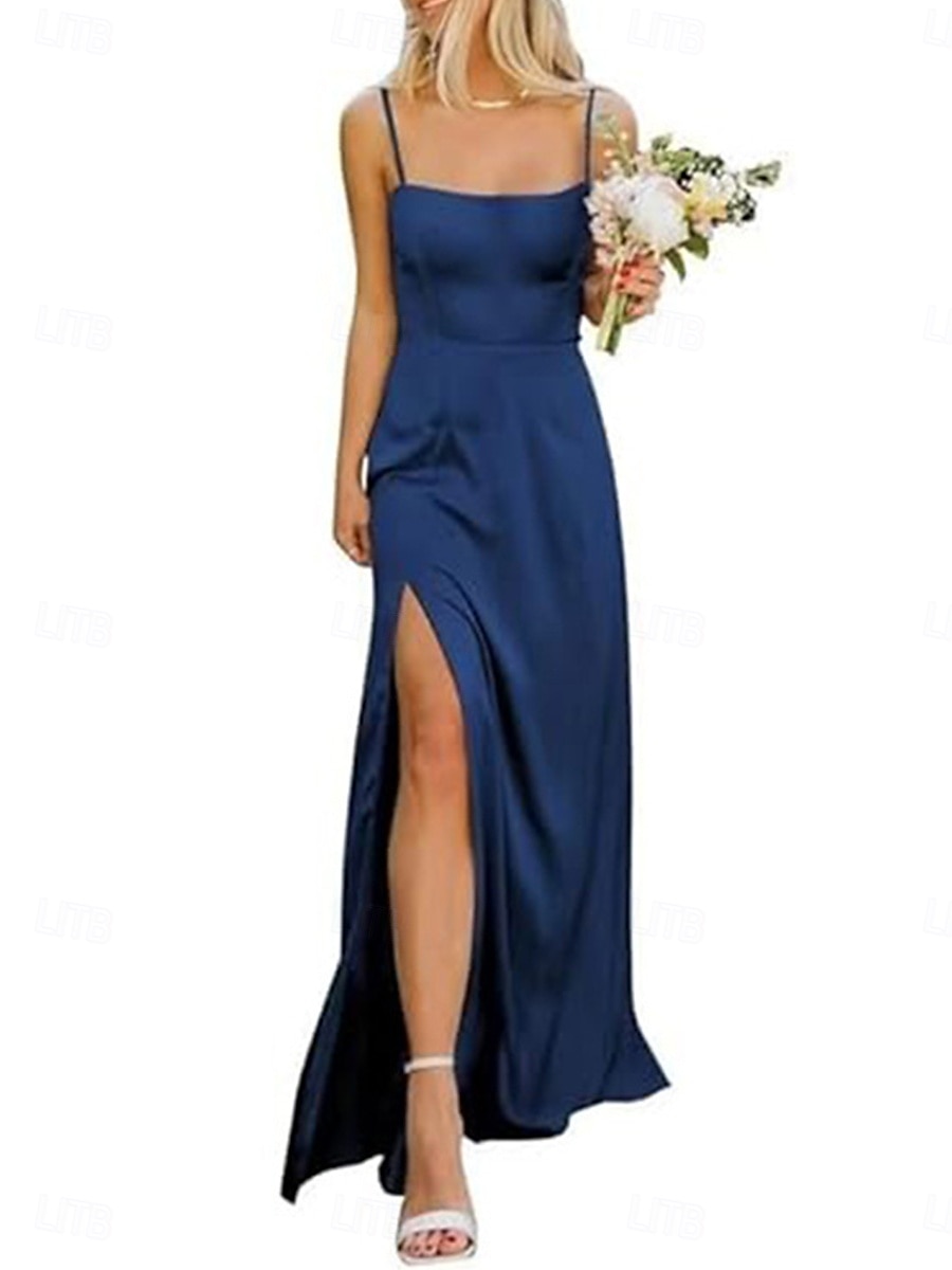 Linha A Vestido de Madrinha Com Alças Finas Sem Manga Elegante Longo Fibra Sintética com Fenda Frontal 2022 de 2025 por $137.99 –P6
