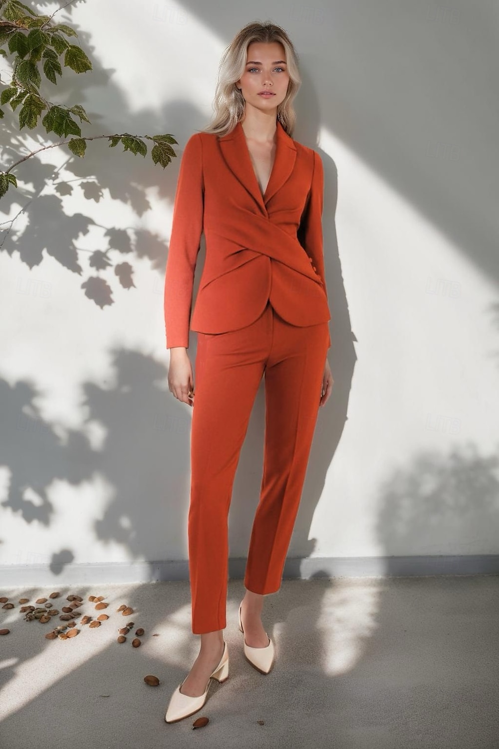 Pantsuit 2 Pieces Mother of the Bride Suit Elegant Simple Minimalist V Neck Wrapped Details Ankle Length Trousers Stretch Crepe Solid Color with Covered Buttons 2025 - $169.99 –P4