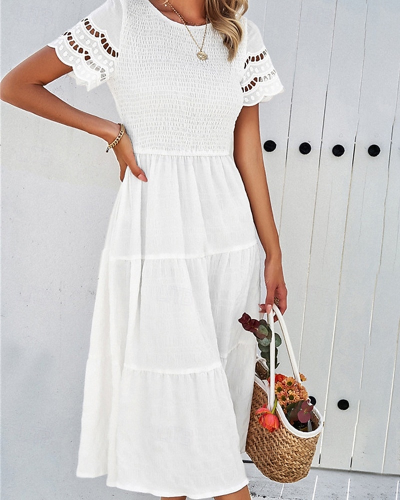 Pentru femei Rochii Midi Rochie albă Rochie de dantela Rochie casual Rochie de vară Modă În aer liber Concediu Dată Fit regulat Simplu Manșon scurt Stil Nautic Negru Alb Trifoi Vară Primăvară 2025 - $31.99 –P1