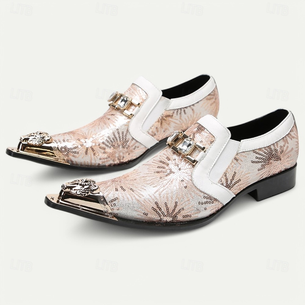 Mocassins em Couro de Vaca Premium Masculinos com Design Floral em Lantejoulas e Detalhe de Fivela de Cristal com Ponta Dourada–Sapatos Slip-On de Luxo para Ocasiões Especiais e Vestuário Noturno de 2025 por €104.02 –P2