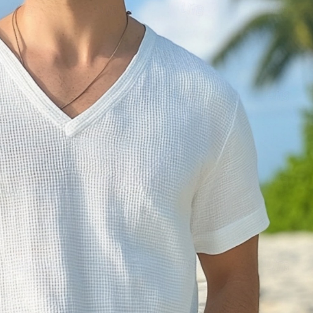 Herr Waffle Henley Shirt T-tröja Kortärmad V-hals Sommar Ensfärgat Mode Designer Bekväm V-ringad Utomhus Ledigt Dagligen Vit Topp t-shirt för män 2025 - $20.99 –P3