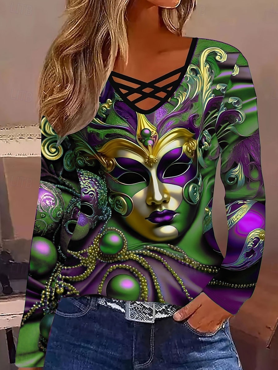 Mardi gras Damskie Podkoszulek Koszulki Graficzny Codzienny Długi rękaw W serek Zwykłe topy Codzienny Z wycięciem Nadruk Fioletowy Zielony Wiosna Jesień 2025 - $22.99 –P4