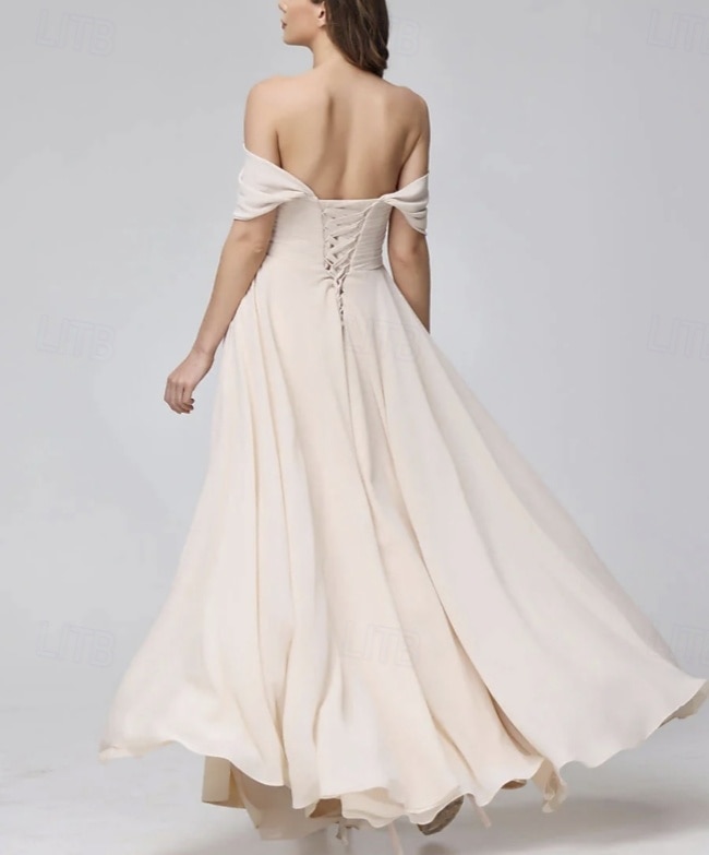 Abito da damigella A-Line scollo a cuore maniche corte elegante lunghezza a terra chiffon con spacco frontale  arricciature del 2025 a $154.99 –P2