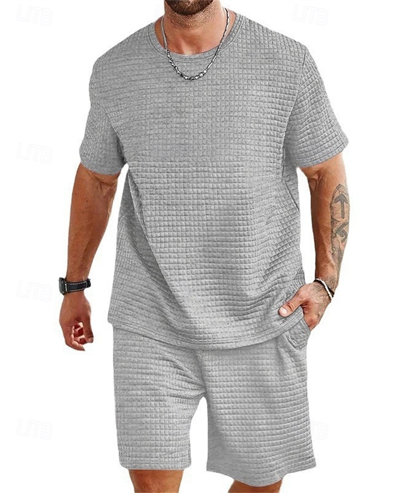 Hombre Waffle Tracksuit Camiseta y pantalones cortos Conjunto Conjunto de atuendo Cuello Barco Exterior Diario Deportes Bolsillo Correa 2 Piezas Plano Negro Blanco Caqui Poliéster Ropa de Deporte 2026 - $37.99 –P8
