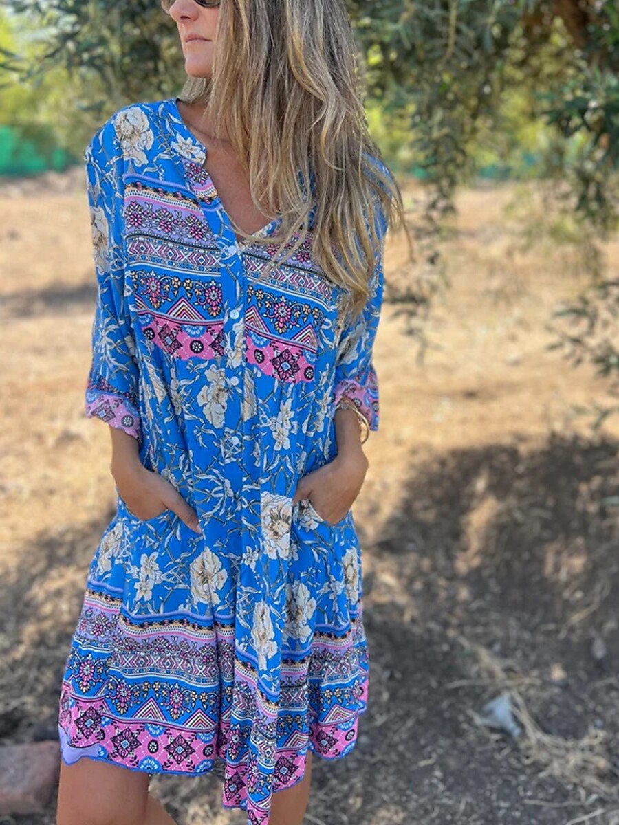 boho dress royal blue Boho Maxi Dress Navy Blue Floral "Kiss The Sky" Long Flowing Summer Gown Button Front Long Slit 3/4 Sleeves Royal Blue Turquoise Lavender Print Small