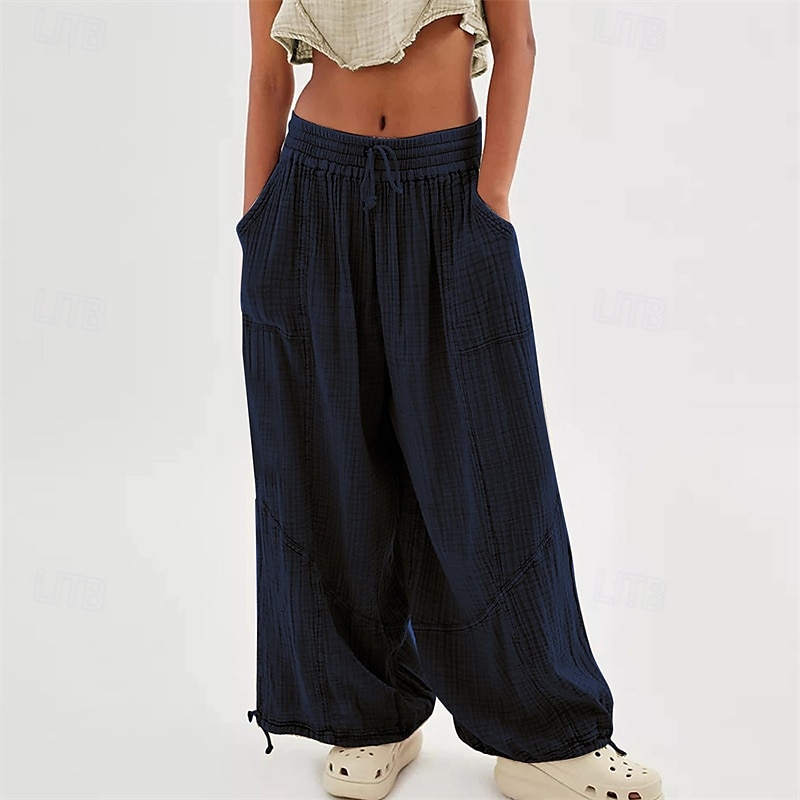 pantaloni din bumbac și pânză pentru femei, îmbrăcăminte stradală la modă, confort, lungime, talie înaltă, șnur simplu, talie elastică, șnur confortabil în aer liber, ținută confortabilă de zi cu zi 2025 - $18.99 –P8