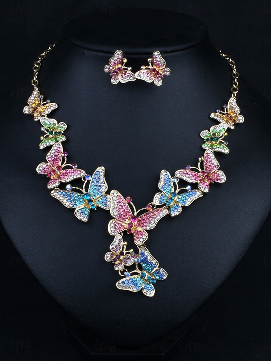 Juego de joyería traje de una pieza circonio cúbico cromo 1 collar aretes elegante mujer vintage moda estilo vintage clásico juego de joyería mariposa para fiesta de boda 2025 - $34.99 –P1