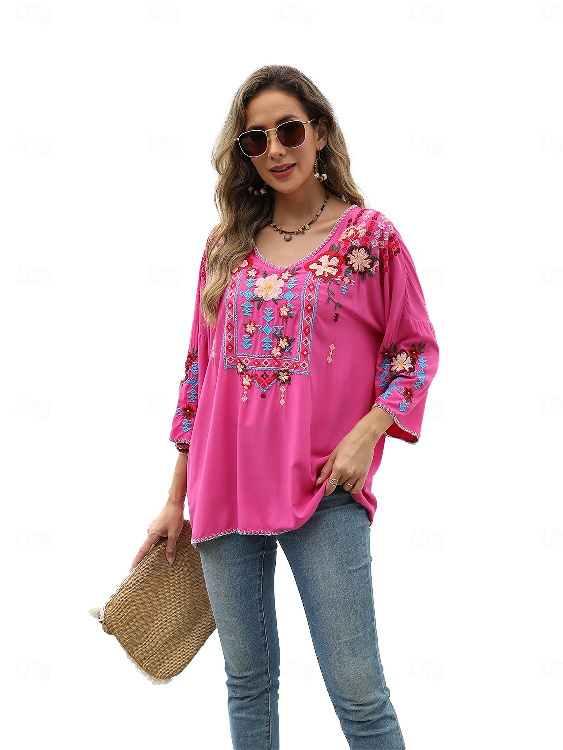 Dame Boho skjorte Helfarge Blomstret Bohem Daglig Luksuriøs 3/4 ermer 3/4-ermer Crew-hals Vanlige topper Arbeid Daglig Ut på byen Broderi Svart Gul Rose Rosa Sommer 2025 - $52.99 –P11