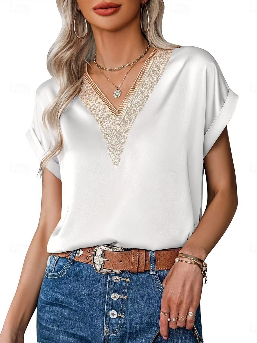 Débardeur en camisole pour femmes couleur unie élégant décontracté à manches courtes col en V tops réguliers impression quotidienne dentelle patchwork noir blanc rose vin vert été de 2025 ? $17.99 –P1