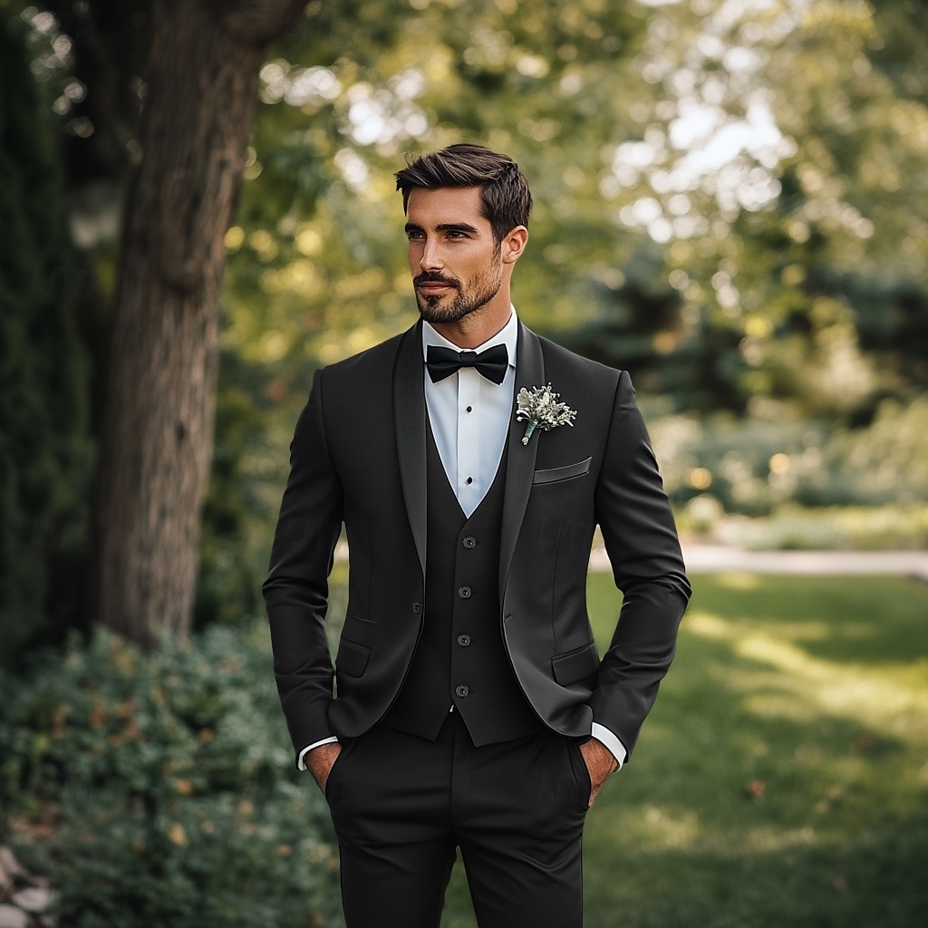 Costumes de mariage Prom pour hommes Noir Rouge Affaires Formelles Été Couleur Unie Ajustement Standard 3 Pièces Simple Boutonnage de 2025 ? $122.99 -P2
