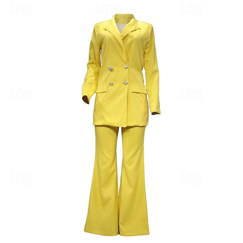 Dam Mode Affär Kavaj Blazer kostymer Kostymbyxor Byxor med vida ben Byxor Långärmad Hakslag Ensfärgat Dubbele Rij Knopen Utomhus Dagliga kläder Vit Gul Rubinrött Vår Normal 2025 - $37.99 –P9