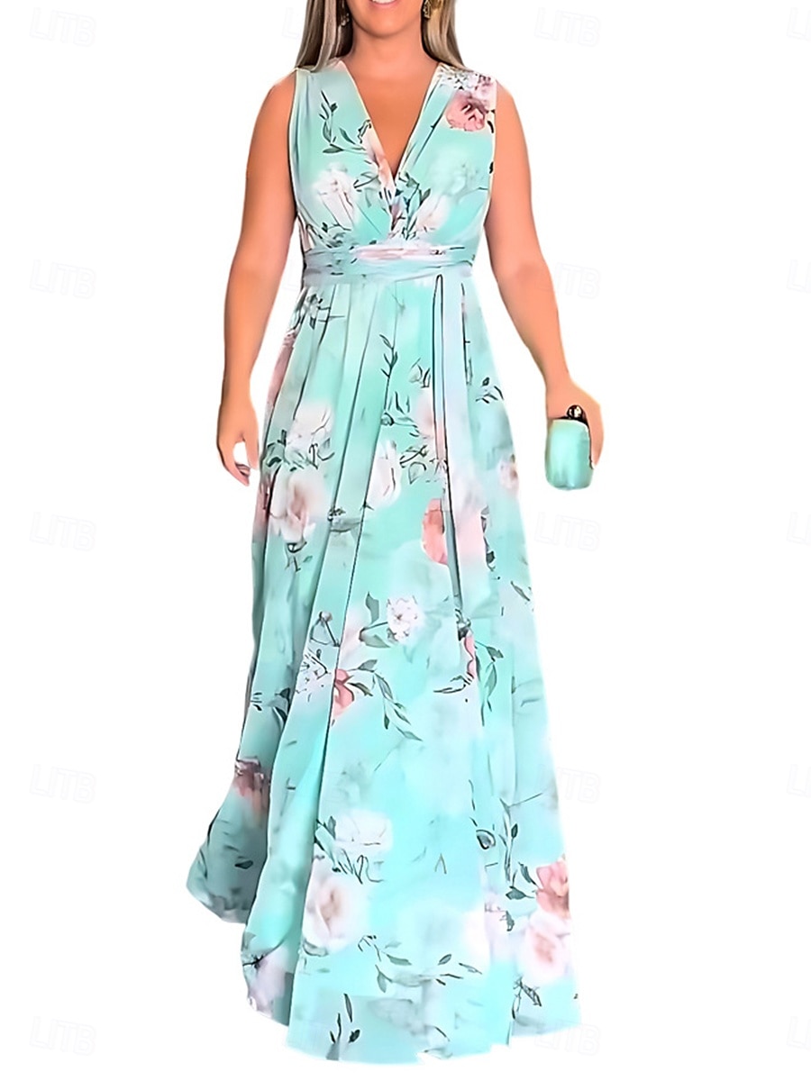 Women's Maxi Dress A Line Dress Summer Dress Stylish Casual Vacation Daily Regular Fit Floral Short Sleeve V Neck Light Green Sky Blue Light Blue Summer 2025 - $41.99 –P3