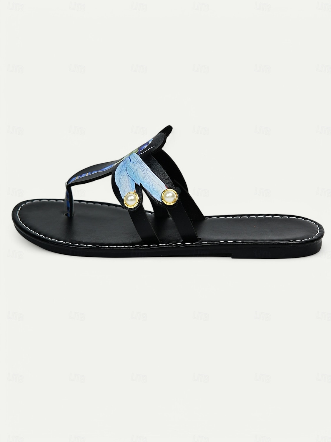 flache Sandalen mit schwarzer Libelle für Damen – dekorative Perlen und blaue Flügel, sommerliches Strandschuhwerk 2025 - $19.99 –P2