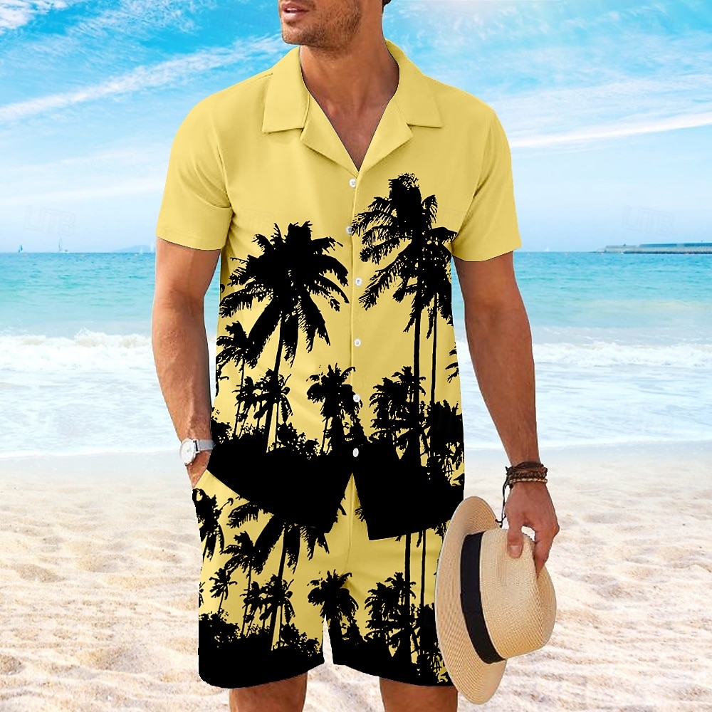 Herren Kokospalme 2St Hemden-Sets Hemd Kurzarm Kurze Hosen Kubanisches Halsband Urlaub Hawaiianisch Party Lässig Täglich 3D-Druck Sommer Rubinrot Weiß Gelb 2026 - $40.99 –P3