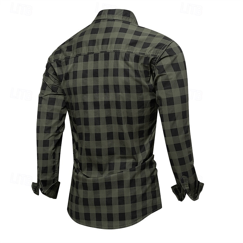 Herren Hemd Sommerhemd Freizeithemd Knopfhemd Kaki Armeegrün Langarm Karomuster Revers Urlaub Hawaiianisch Button-Down Bekleidung 100% Baumwolle Mode Lässig Bequem 2025 - $36.99 –P5