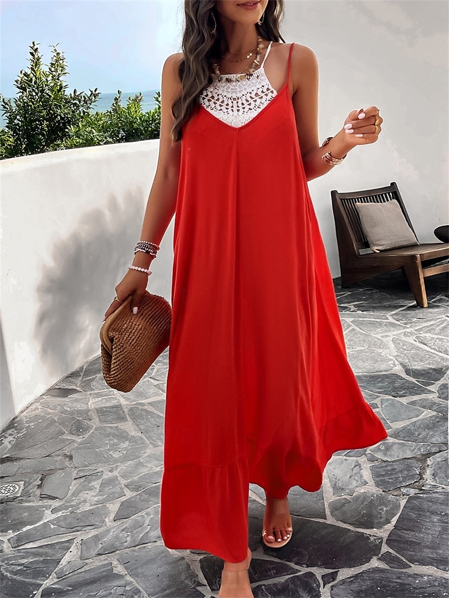Damen Maxi Kleid Strandkleid Slip Kleid Urlaub Strandurlaub Unifarben Lässig Täglich Lockere Passform Grafik Ärmellos Träger Schwarz Rot Himmelblau Grün Sommer 2025 - $41.99 –P3