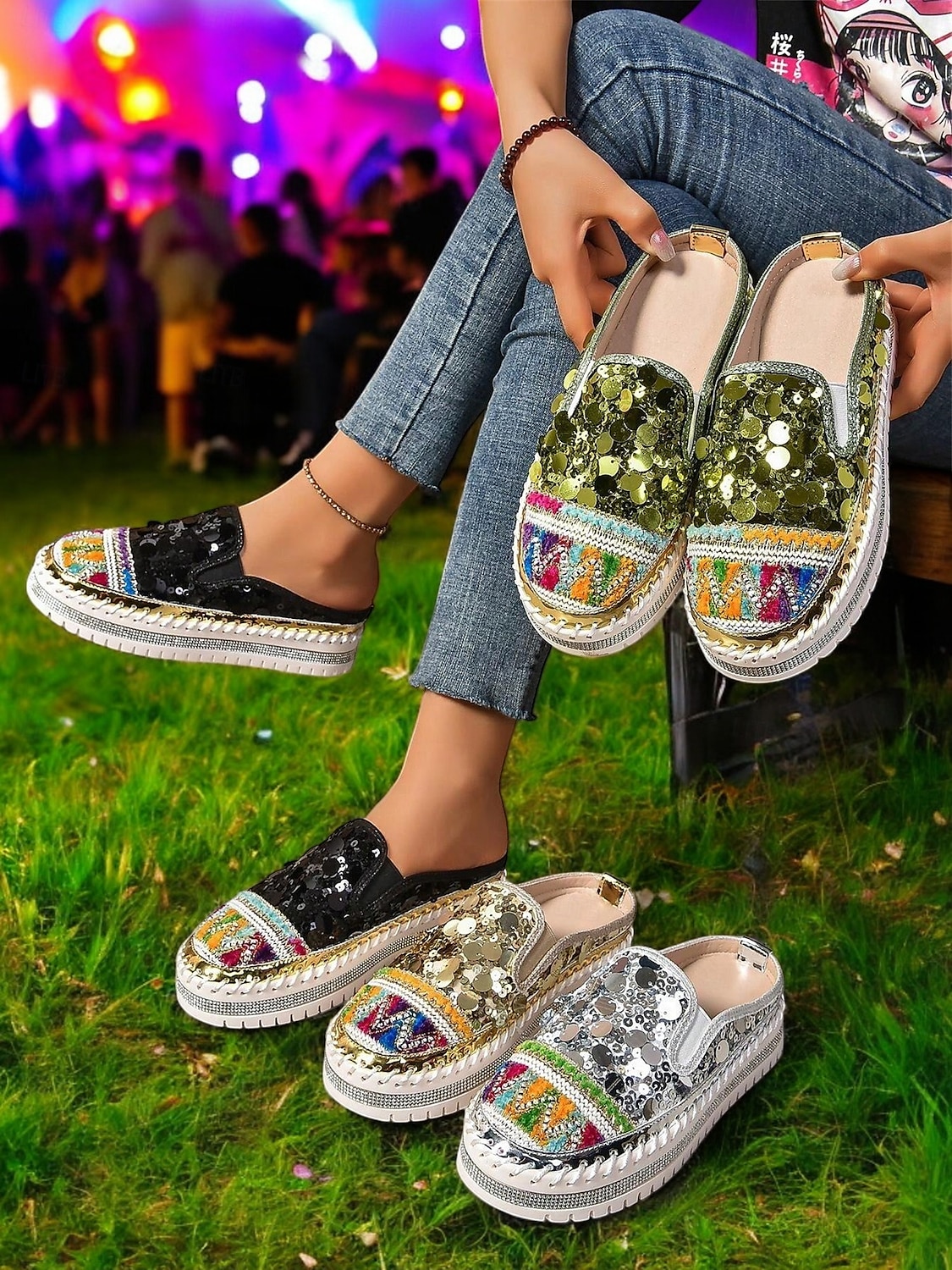 dámské zlaté flitrové tenisky na platformě mules – třpytivé slip-on boty s vyšívanými detaily pro festivaly, párty a street fashion 2025 - $34.99 –P5