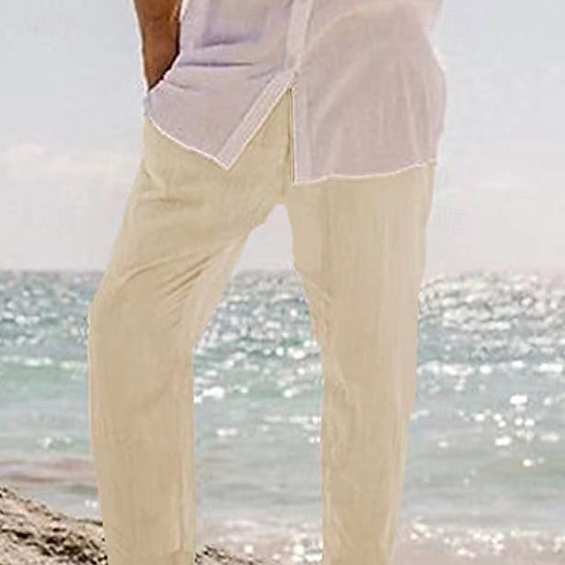 Men's Linen Pants Trousers Summer Pants Beach Pants Pocket Drawstring Elastic Waist Plain Comfort Breathable Vacation Daily Holiday Hawaiian Boho ArmyGreen Black 2025 - $20.99 –P4