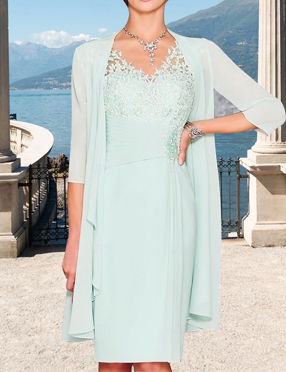 Deux Pièces Fourreau / Colonne Robe de Mère de Mariée  robe demoiselle d honneur Eglise Elégant Col V Mi-long Mousseline de soie Manches 3/4 avec Broderie 2025 de 2025 ? $156.99 –P1