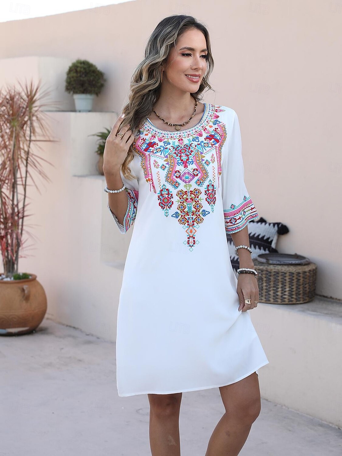 Valentine's Day Women's Normal Mini Dress Boho Chic Dresses A Line Dress Bohemia Stylish Classic Elbow Sleeve Vacation Party Casual Form Fit Floral Plain 3/4 Length Sleeve Crew Neck Black White Summer 2025 - $37.99 –P10